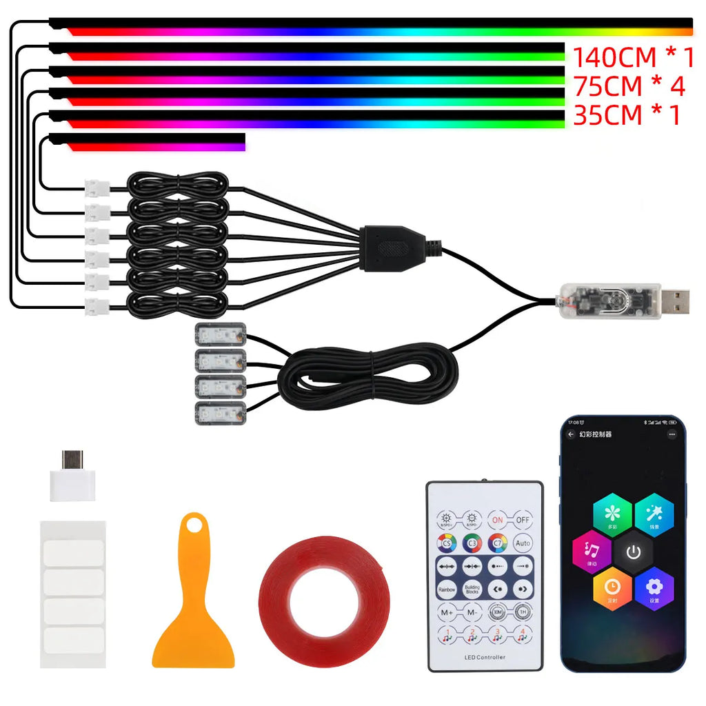 Car Ambient Lights 10 in 1 Footwell Universal RGB Atmosphere Lamps USB APP Remote Cigar Lighter for Tesla Model 3 Y S X