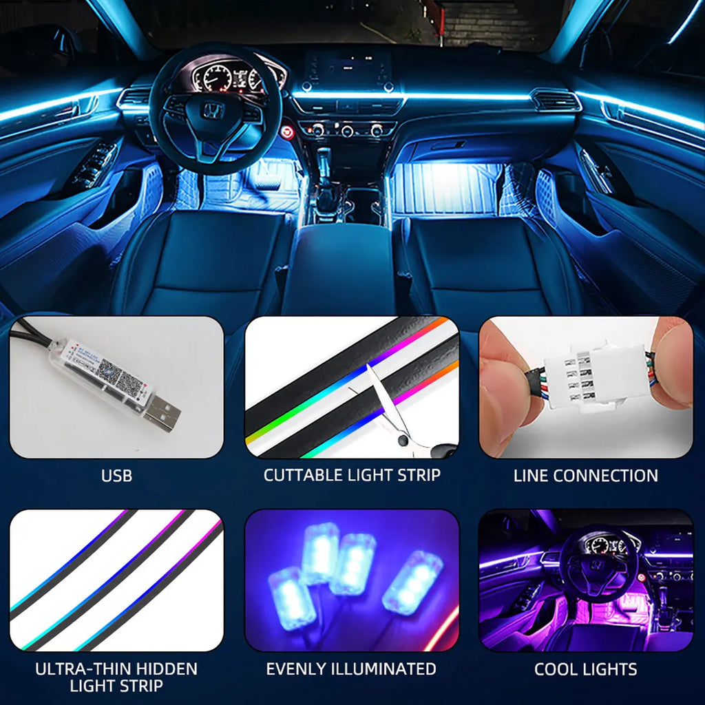 Car Ambient Lights 10 in 1 Footwell Universal RGB Atmosphere Lamps USB APP Remote Cigar Lighter for Tesla Model 3 Y S X